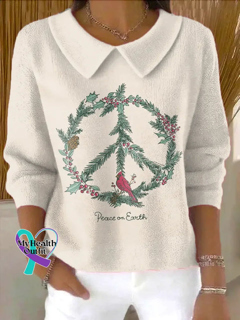 Christmas Peace Sign Casual Peter Pan Collar 3/4 Sleeve Sweater White / S