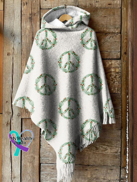 Christmas Peace Sign Print Casual Knitted Blanket Poncho Hood Cape Multicolor / Onesize