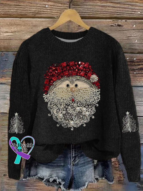 Christmas Pearls Jewelry Art Santa Claus Print Knit Pullover Sweater Black / S