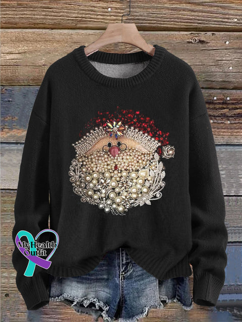 Christmas Pearls Jewelry Art Santa Claus Print Knit Pullover Sweater Black / S