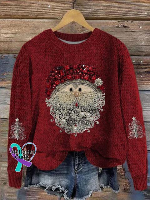 Christmas Pearls Jewelry Art Santa Claus Print Knit Pullover Sweater Dark Red / S