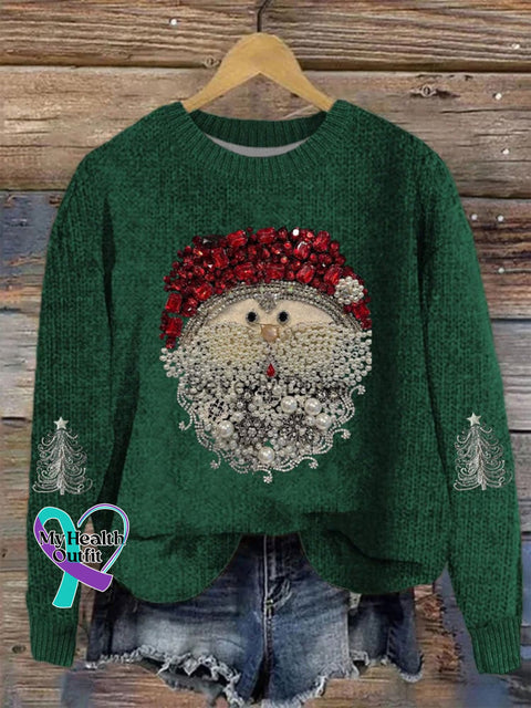 Christmas Pearls Jewelry Art Santa Claus Print Knit Pullover Sweater Green / S