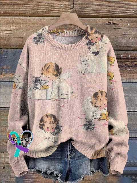 Christmas Pink Angle Cat Print Knit Pullover Sweater Multicolor / S