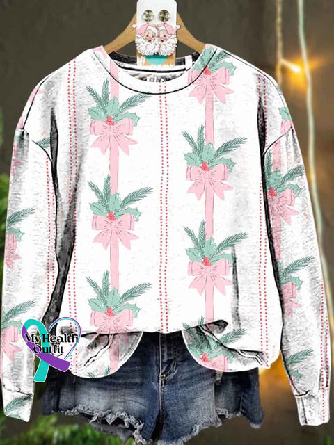 Christmas Pink Bow Tree Holly Casual Sweatshirt Multicolor / S