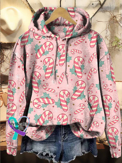 Christmas Pink Candy Cane Holly Hooded Casual Sweatshirt Multicolor / S