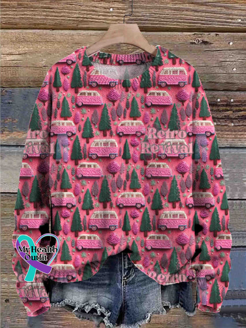 Christmas Pink Car Seamless Pattern Mixed Crew Neck Trendy Retro Casual Printed Sweater Multicolor