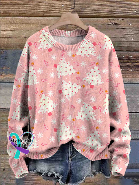 Christmas Pink Tree Seamless Pattern Round Neck Trendy Retro Casual Printed Sweater / S