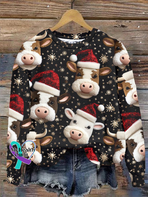Christmas Plush Cow Print Casual Sweatshirt Multicolor / S