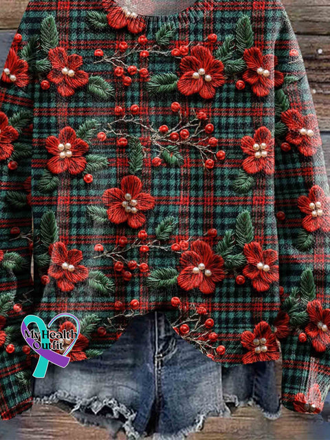 Christmas Poinsettia Print Knit Pullover Sweater