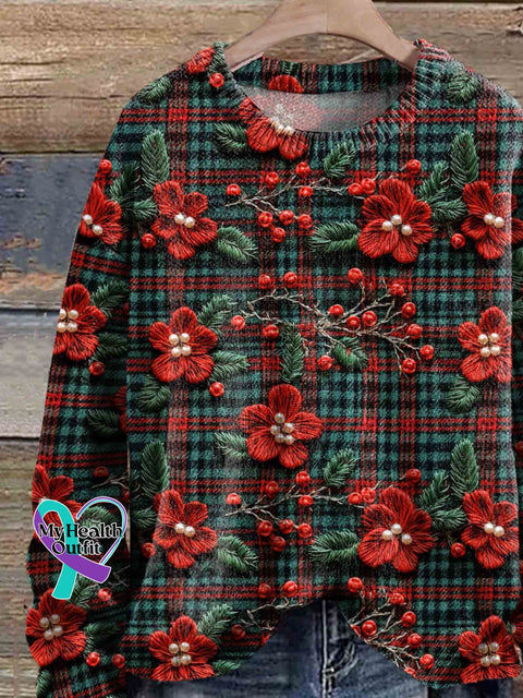 Christmas Poinsettia Print Knit Pullover Sweater