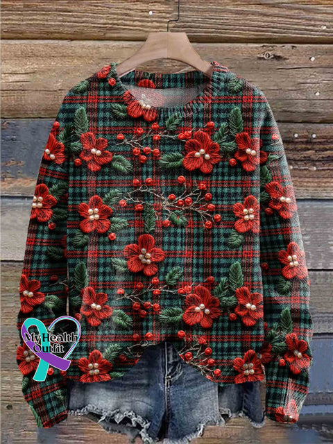Christmas Poinsettia Print Knit Pullover Sweater Multicolor / S