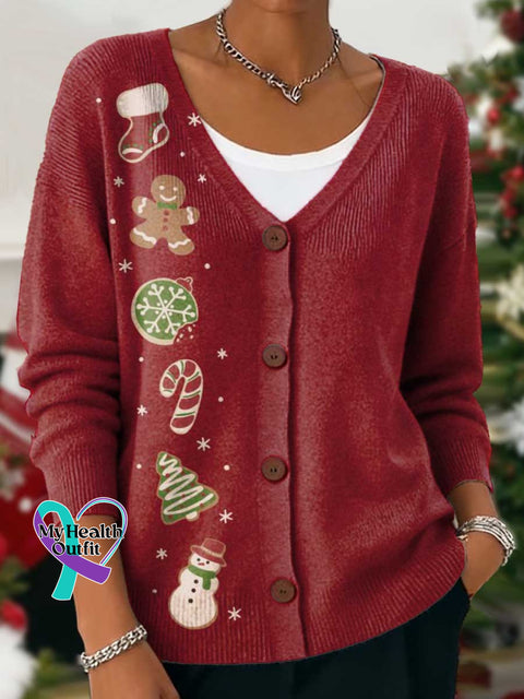 Christmas Print Buttoned V-neck Cardigan Sweater Multicolor / S