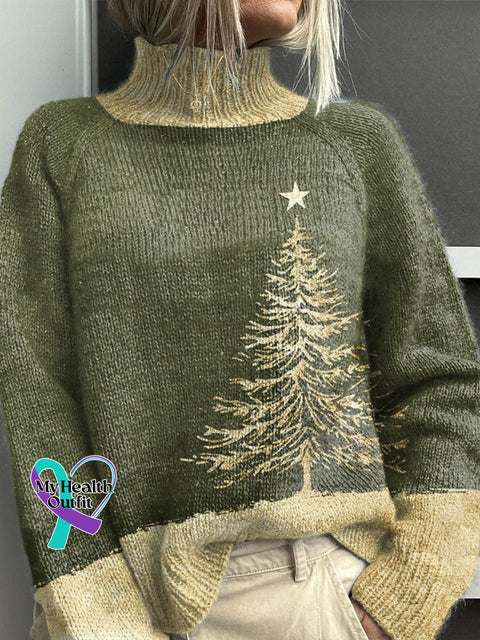 Christmas Print Knit Turtleneck Pullover Sweater Green / S