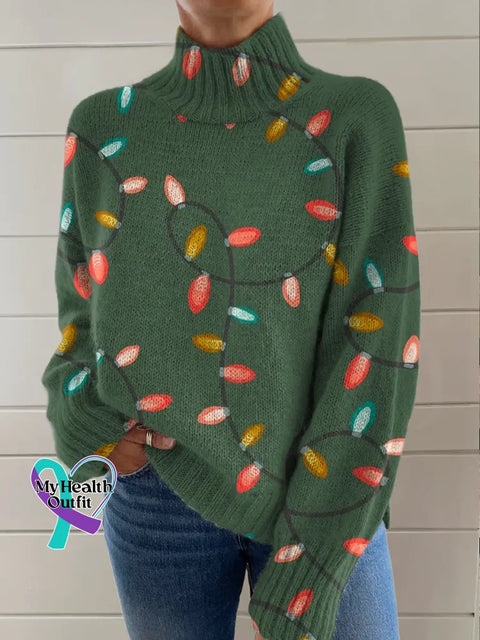 Christmas Print Knit Turtleneck Pullover Sweater Multicolor / S