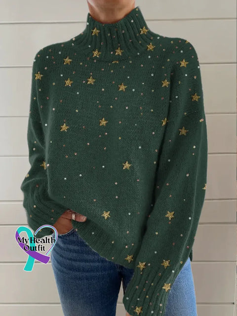 Christmas Print Knit Turtleneck Pullover Sweater Multicolor / S