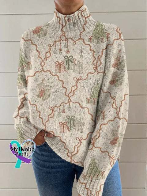 Christmas Print Knit Turtleneck Pullover Sweater Multicolor / S