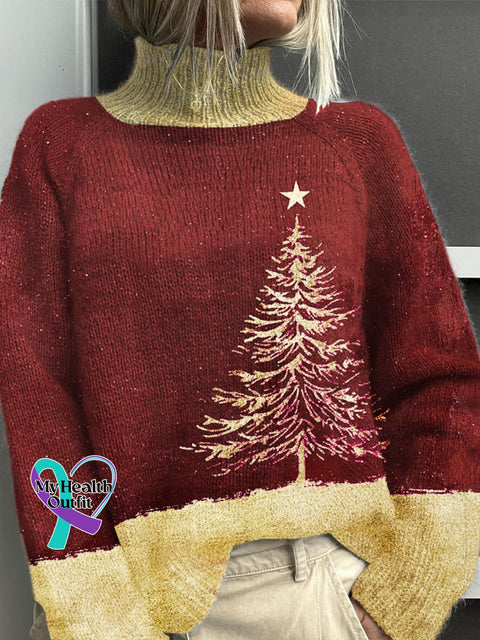 Christmas Print Knit Turtleneck Pullover Sweater Red / S