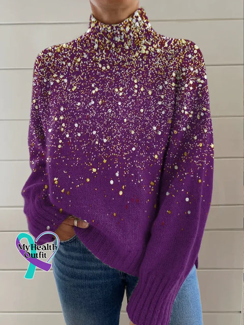 Christmas Purple Print Knit Turtleneck Pullover Sweater Multicolor / S