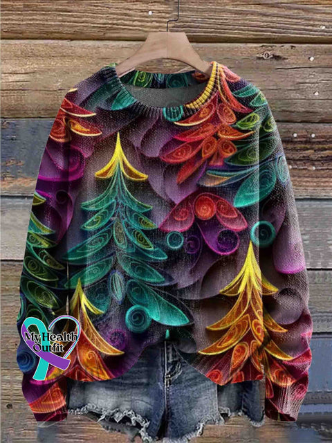 Christmas Quilted Seamless Tree Pattern Crew Neck Trendy Retro Casual Printed Sweater Multicolor / S