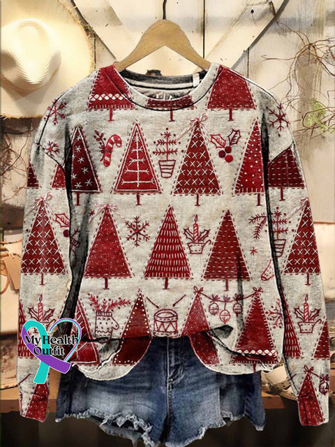 Christmas Red Tree Patchwork Casual Sweatshirt Multicolor / S
