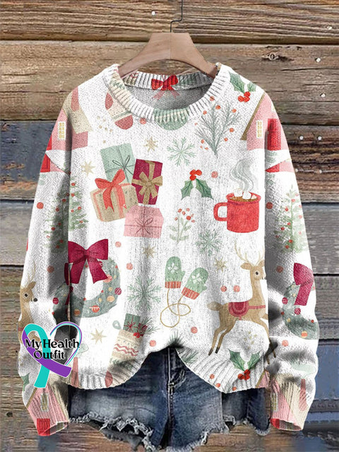 Christmas Reindeer Ball Holly Print Knit Pullover Sweater