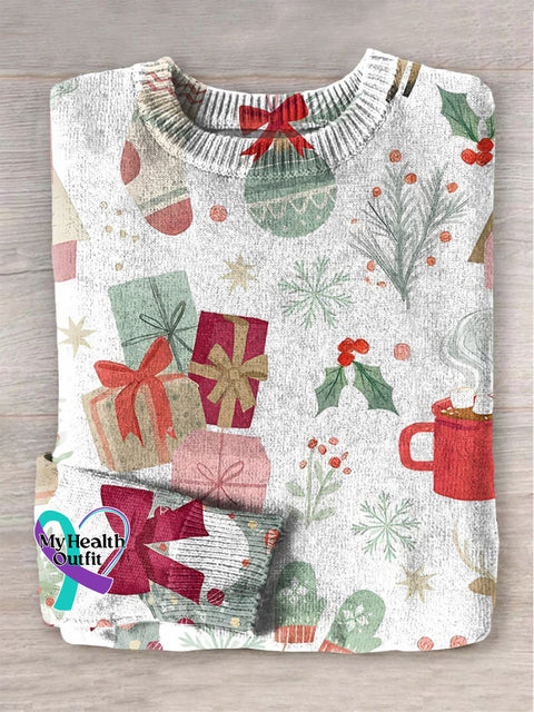 Christmas Reindeer Ball Holly Print Knit Pullover Sweater Multicolor / S