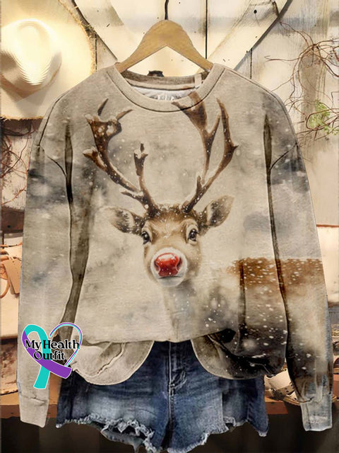 Christmas Reindeer Oil Art Print Casual Sweatshirt Multicolor / S