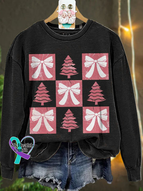 Christmas Retro Checkered Tree Pink Bow Casual Sweatshirt Black / S