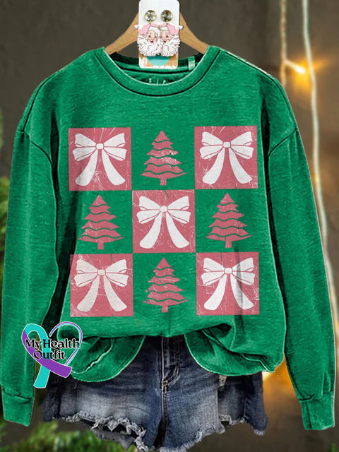Christmas Retro Checkered Tree Pink Bow Casual Sweatshirt Green / S