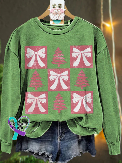 Christmas Retro Checkered Tree Pink Bow Casual Sweatshirt Lightgreen / S