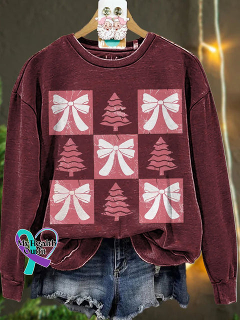 Christmas Retro Checkered Tree Pink Bow Casual Sweatshirt Maroon / S