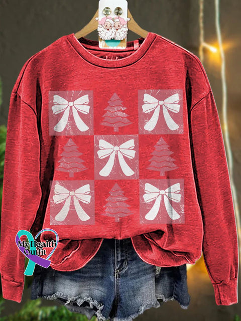 Christmas Retro Checkered Tree Pink Bow Casual Sweatshirt Red / S