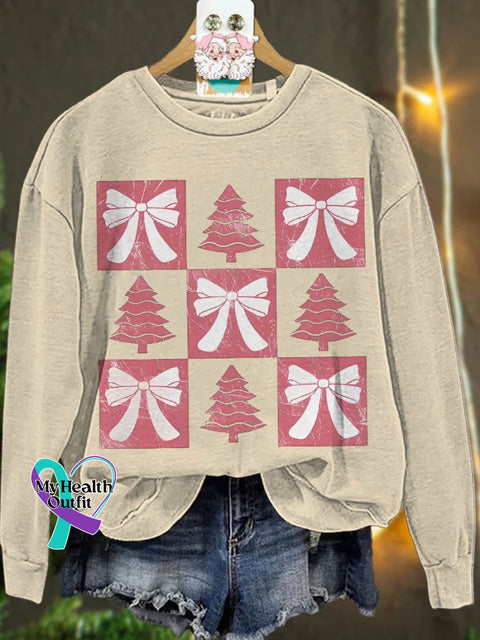 Christmas Retro Checkered Tree Pink Bow Casual Sweatshirt Sand / S