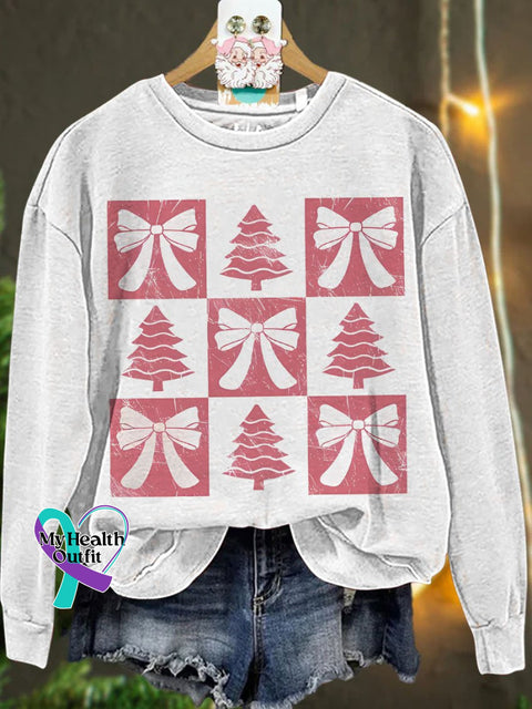 Christmas Retro Checkered Tree Pink Bow Casual Sweatshirt White / S