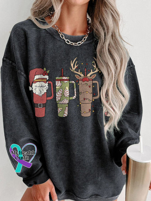 Christmas Retro Cup Women’s Casual Print Corduroy Sweatshirt Black / S