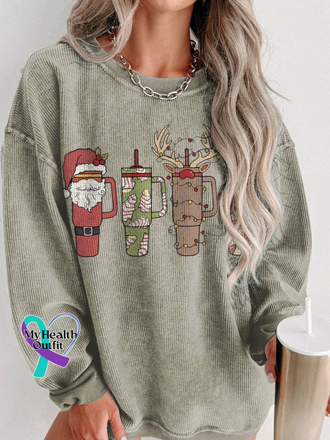 Christmas Retro Cup Women’s Casual Print Corduroy Sweatshirt Brown / S