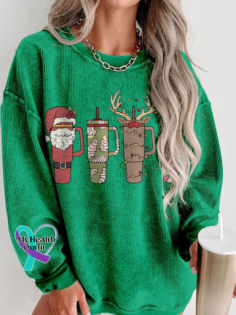 Christmas Retro Cup Women’s Casual Print Corduroy Sweatshirt Green / S