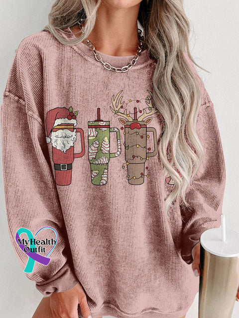 Christmas Retro Cup Women’s Casual Print Corduroy Sweatshirt Pink / S
