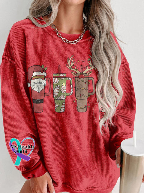 Christmas Retro Cup Women’s Casual Print Corduroy Sweatshirt Red / S