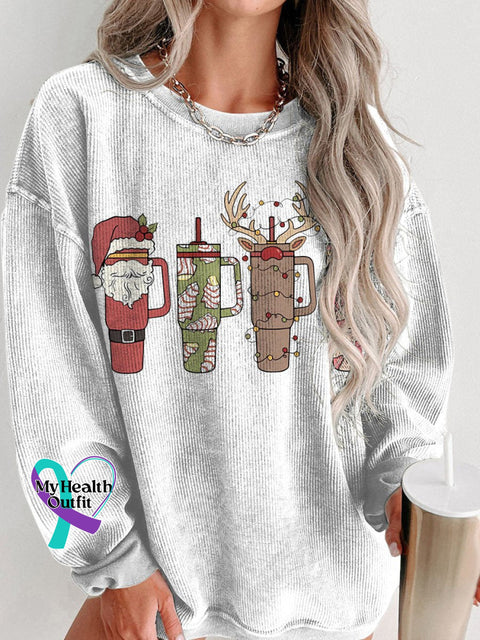 Christmas Retro Cup Women’s Casual Print Corduroy Sweatshirt White / S