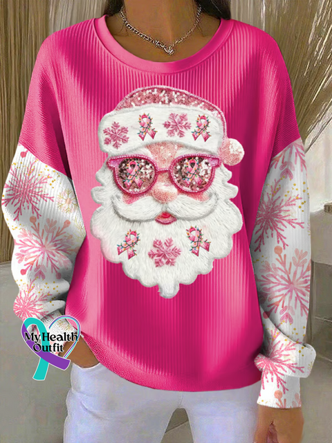 Christmas Santa Breast Cancer Awareness Print Casual Sweatshirt Pink / S