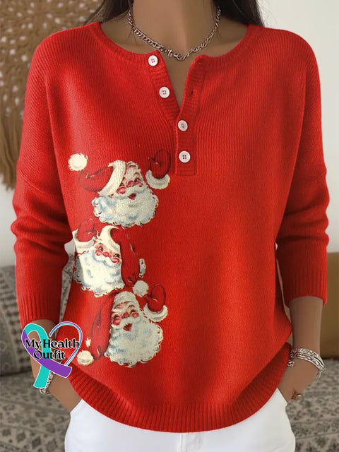 Christmas Santa Claus Print Buttoned Cardigan Sweater Multicolor / S