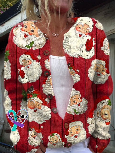 Christmas Santa Claus Print Buttoned Cardigan Sweater Multicolor / S