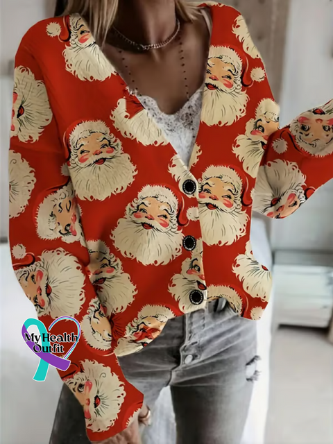 Christmas Santa Claus Print Buttoned V-neck Cardigan Sweater Multicolor / S