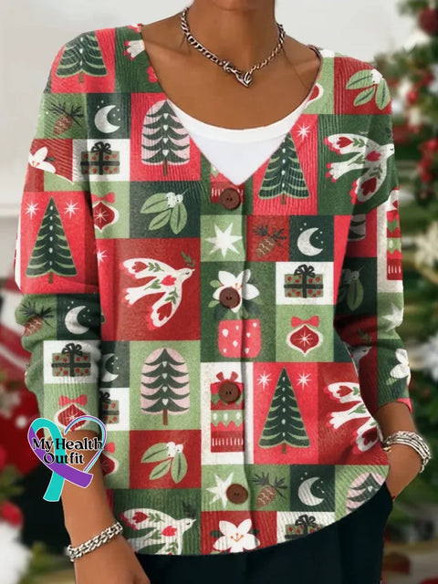 Christmas Santa Claus Print Buttoned V-neck Cardigan Sweater Multicolor / S