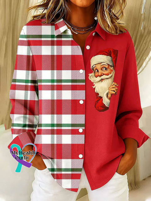 Christmas Santa Claus Print Casual Cotton Shirt Multicolor / S