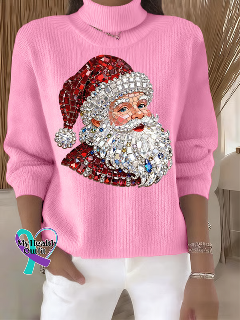 Christmas Santa Claus Print Knit Turtleneck Pullover Sweater
