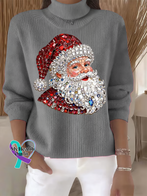Christmas Santa Claus Print Knit Turtleneck Pullover Sweater Grey / S