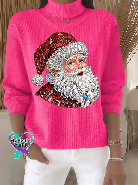 Christmas Santa Claus Print Knit Turtleneck Pullover Sweater Pink / S
