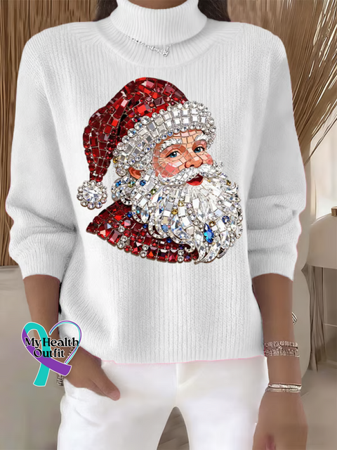 Christmas Santa Claus Print Knit Turtleneck Pullover Sweater White / S